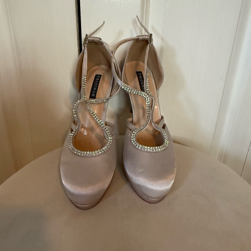 Enzo Angiolini Satin Rhinestone Heels - Cream
